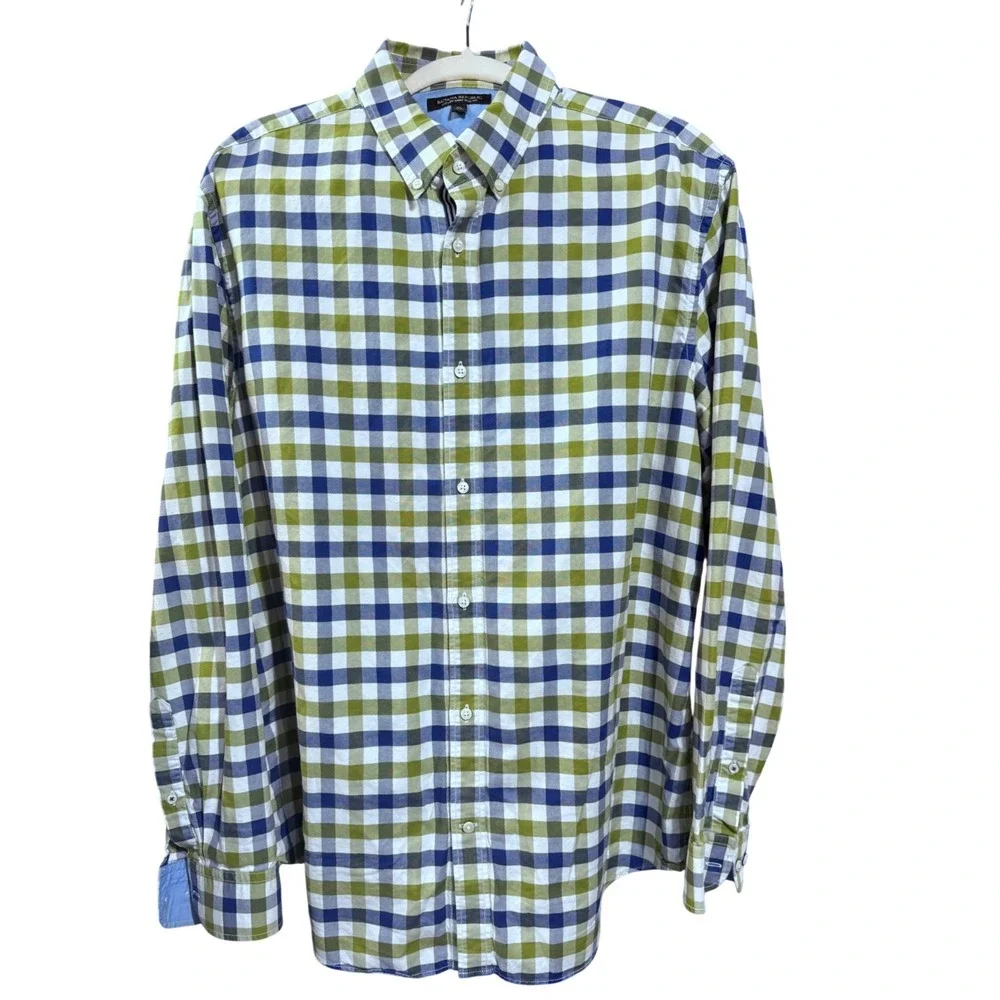 Banana Republic Oxford Shirt Woven Green Blue Gingham XL Slim Fit Button Down
